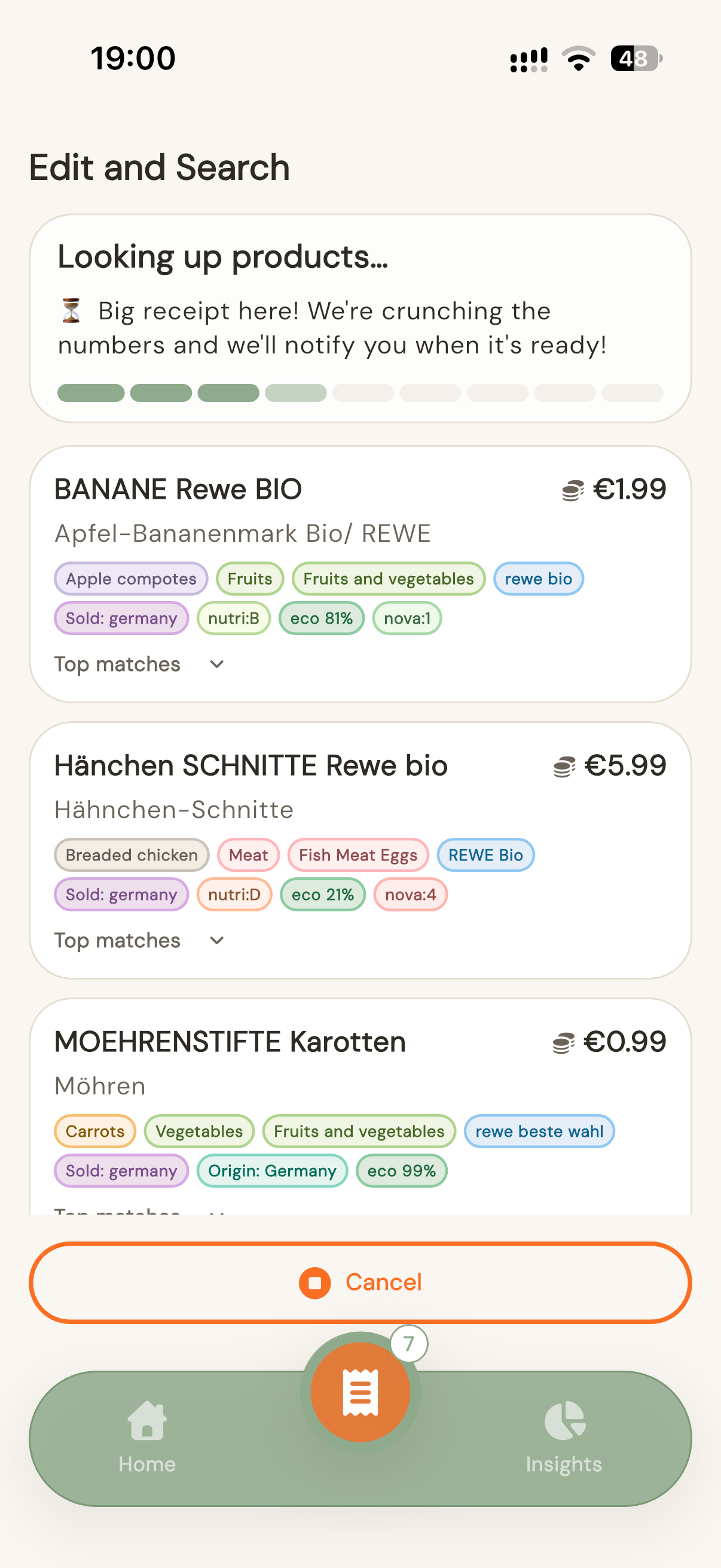 Enriched receipt detail with category, brand, Nutri-Score, NOVA, and origin tags on each item