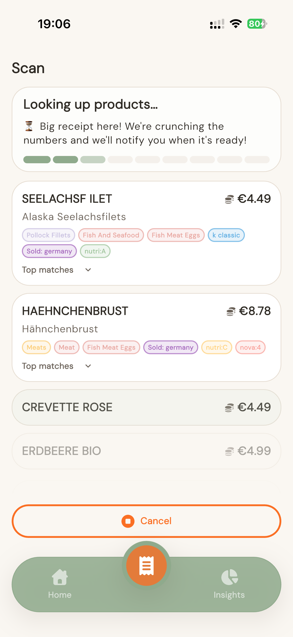 Scan screen matching receipt line items to Open Food Facts products with ranked candidates