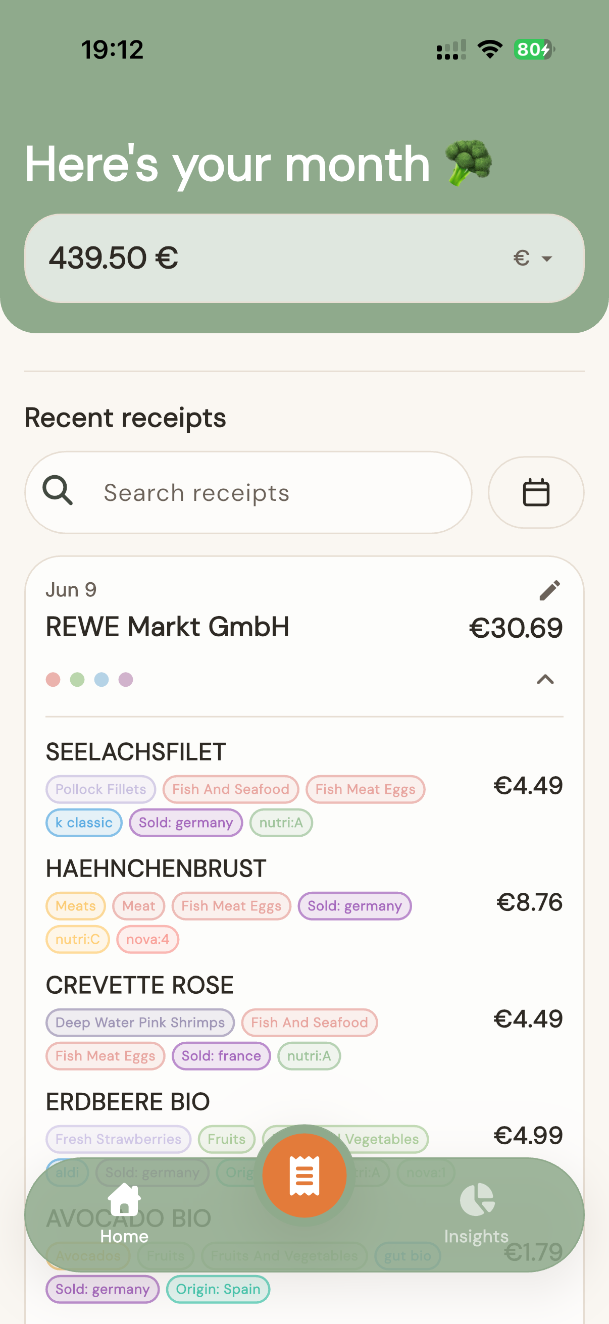 Enriched receipt detail with category, brand, Nutri-Score, NOVA, and origin tags on each item