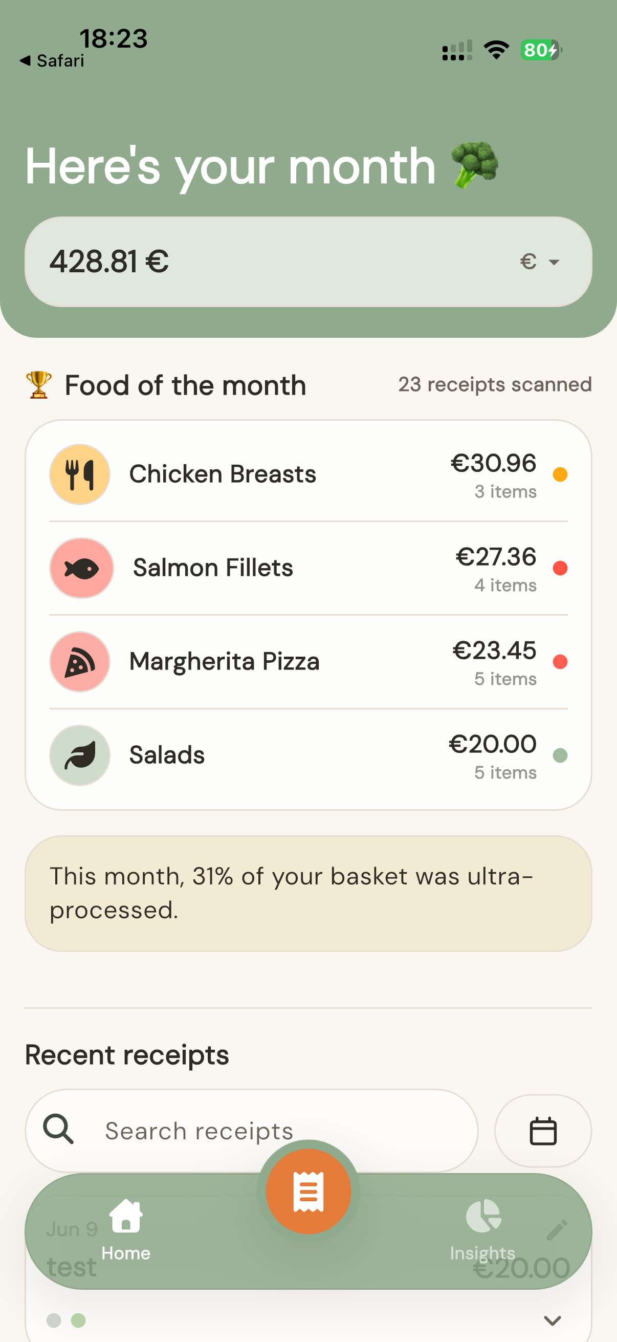 Broccoly home screen showing monthly grocery spend and top food categories
