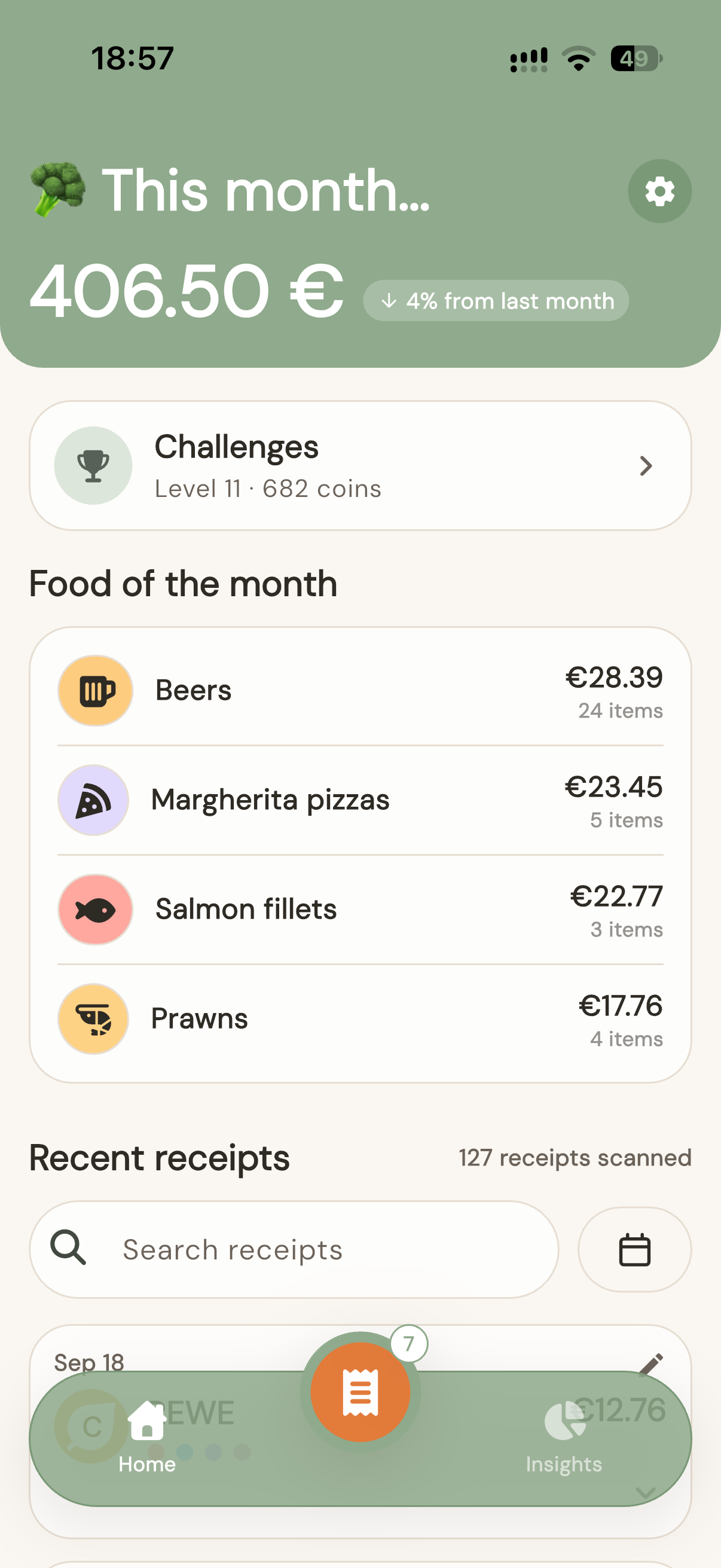 Broccoly home screen showing monthly grocery spend, a challenges card, and top food categories