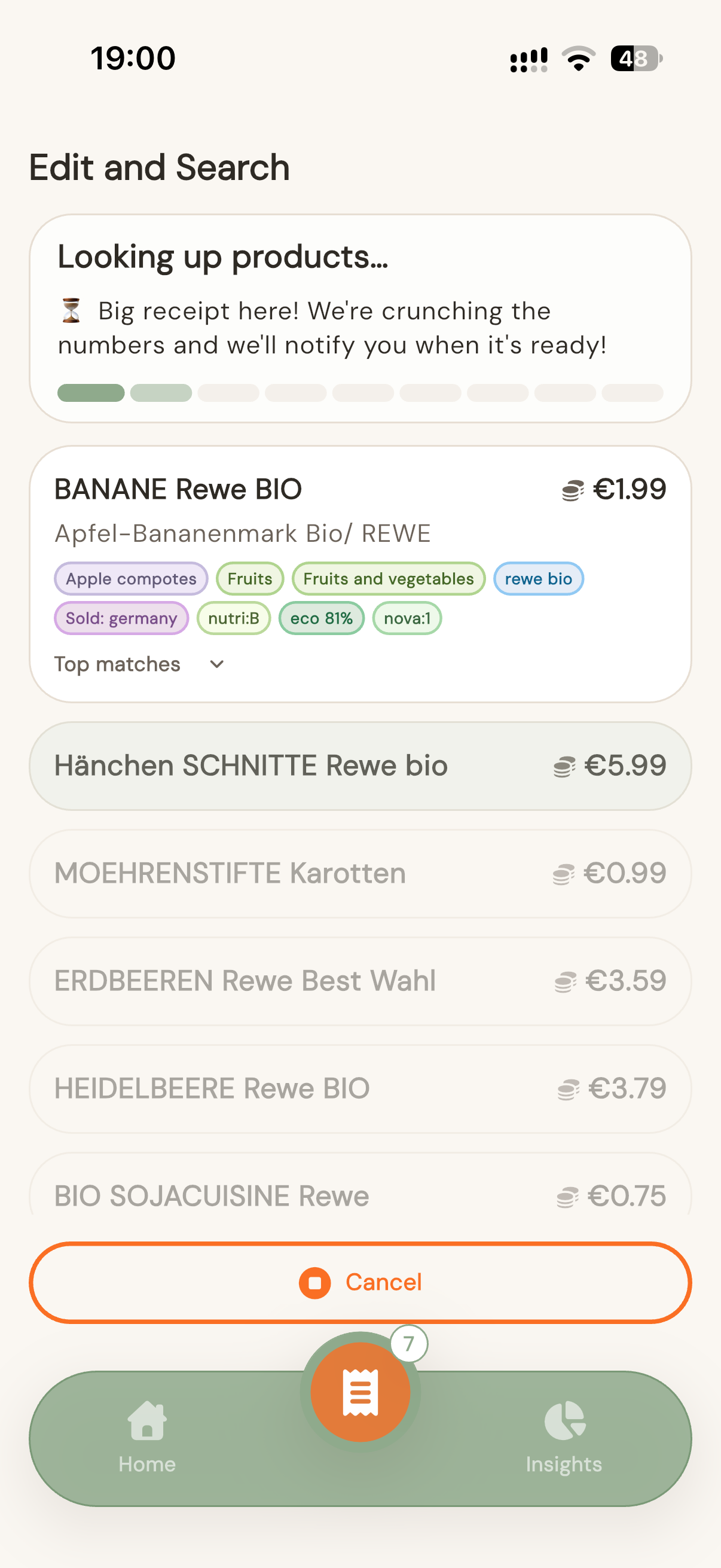 Scan screen matching receipt line items to Open Food Facts products with ranked candidates